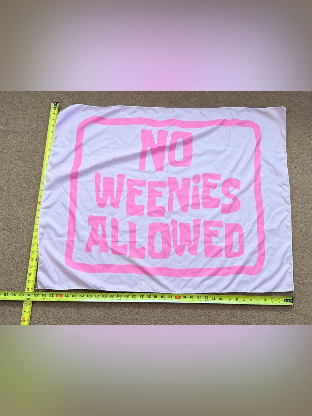 “No Weenies Allowed" wall tapestry featuring a SpongeBob reference-35”x28”